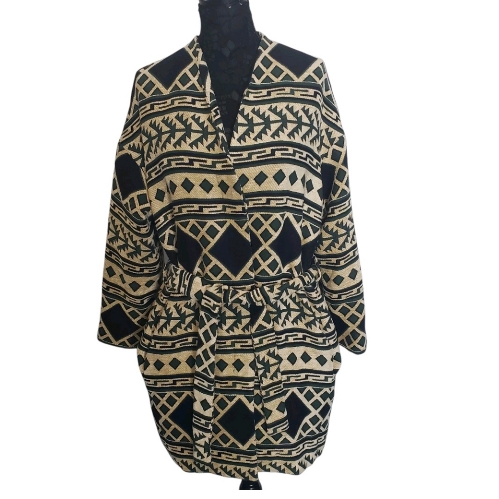 Zara Outer Wear Geometric Aztec Print Coat Jacket Cream Green Size M-L